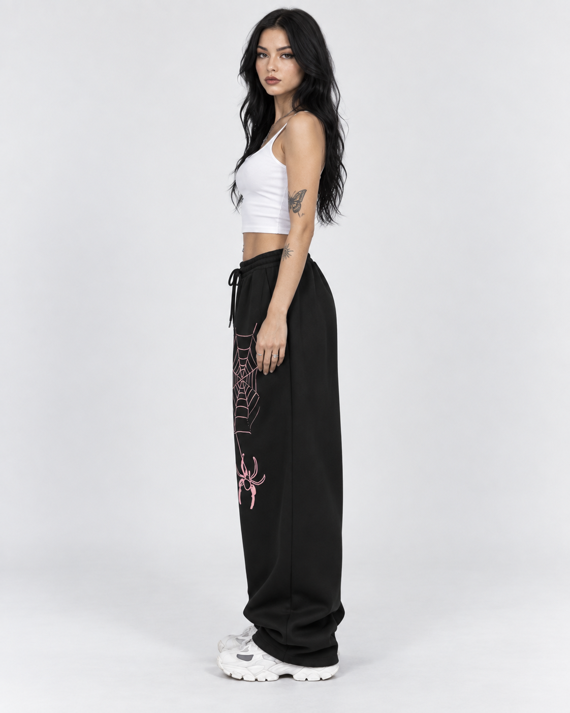 Black Wide Leg Spider Web Tracksuit Bottoms with Pink Print