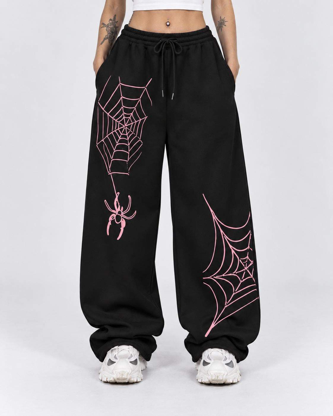 Black Wide Leg Spider Web Tracksuit Bottoms with Pink Print