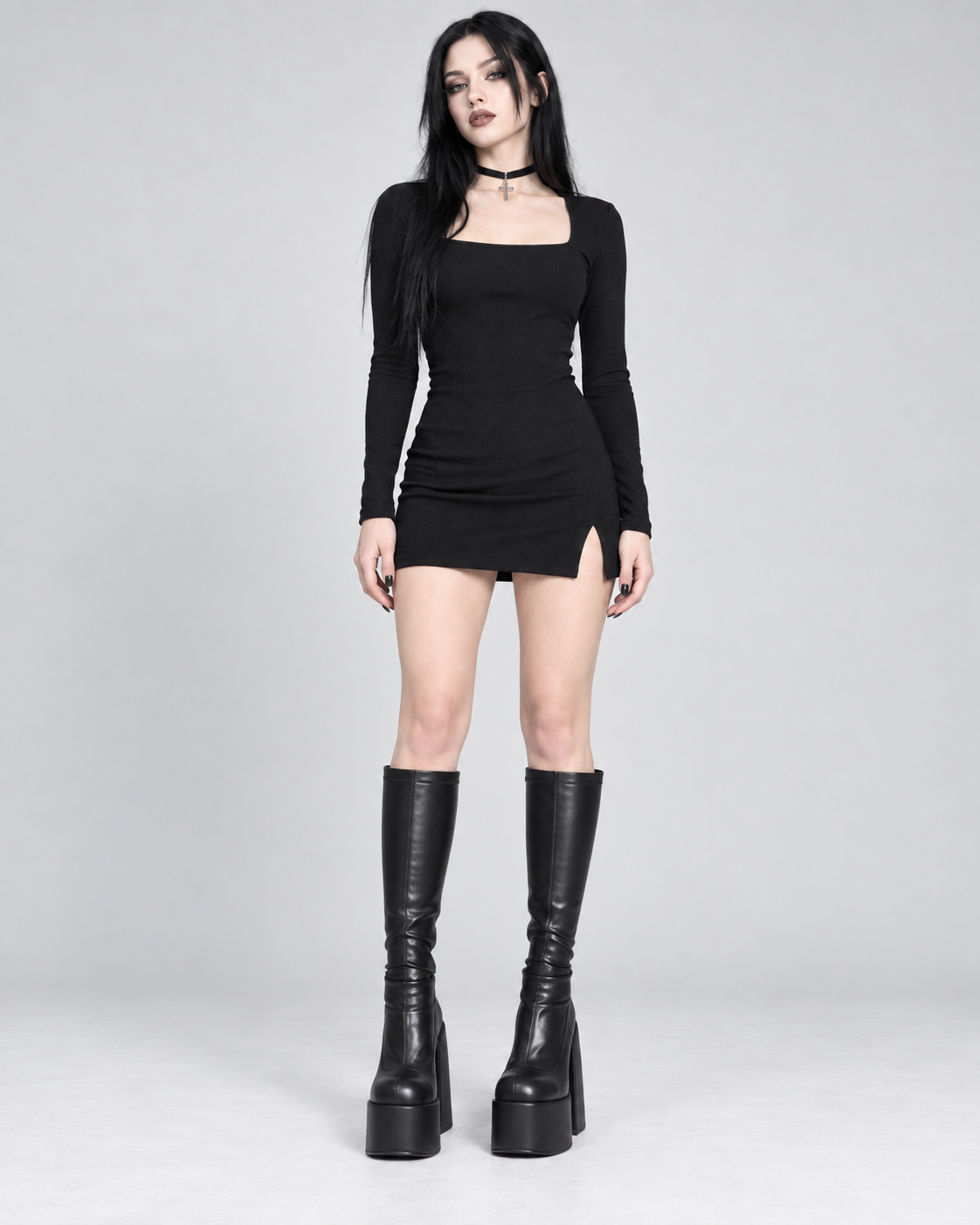 Black Knee High Platform Boots with Chunky Block Heel