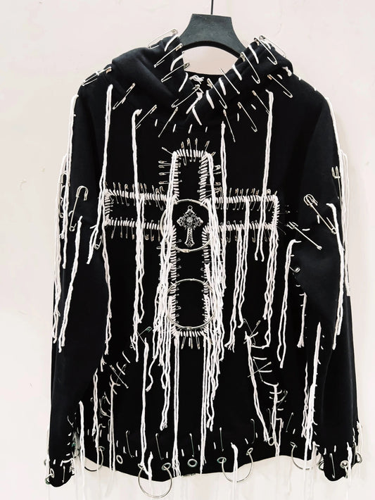 Black Gothic Distressed Chain Cross Hoodie