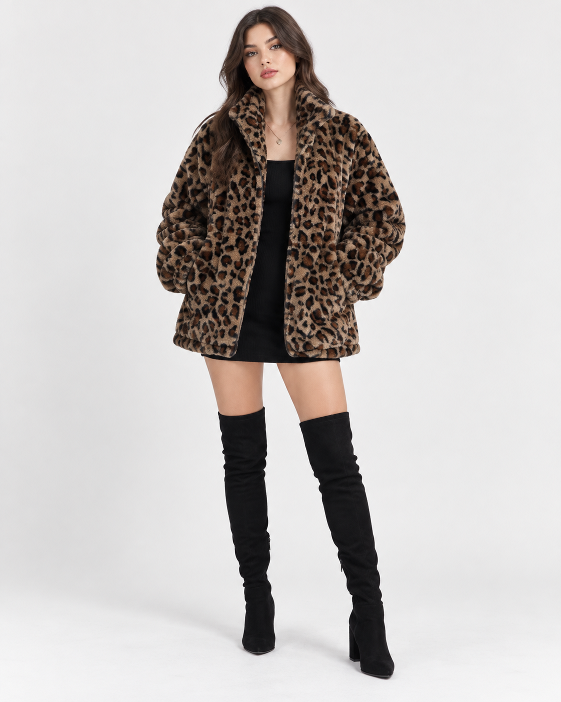 Leopard Print Faux Fur Zip Up Jacket