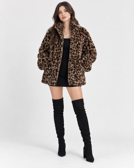 Leopard Print Faux Fur Zip Up Jacket