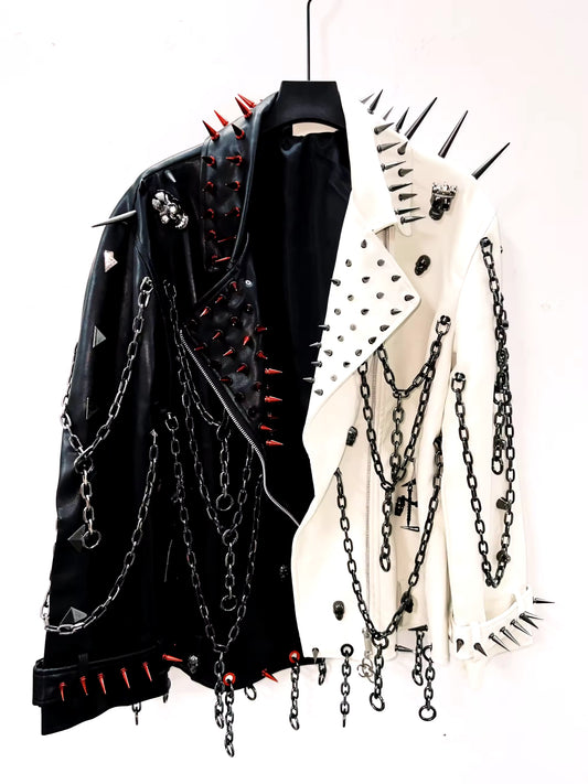 Faux Leather Monochrome Punk Studded Chain Jacket