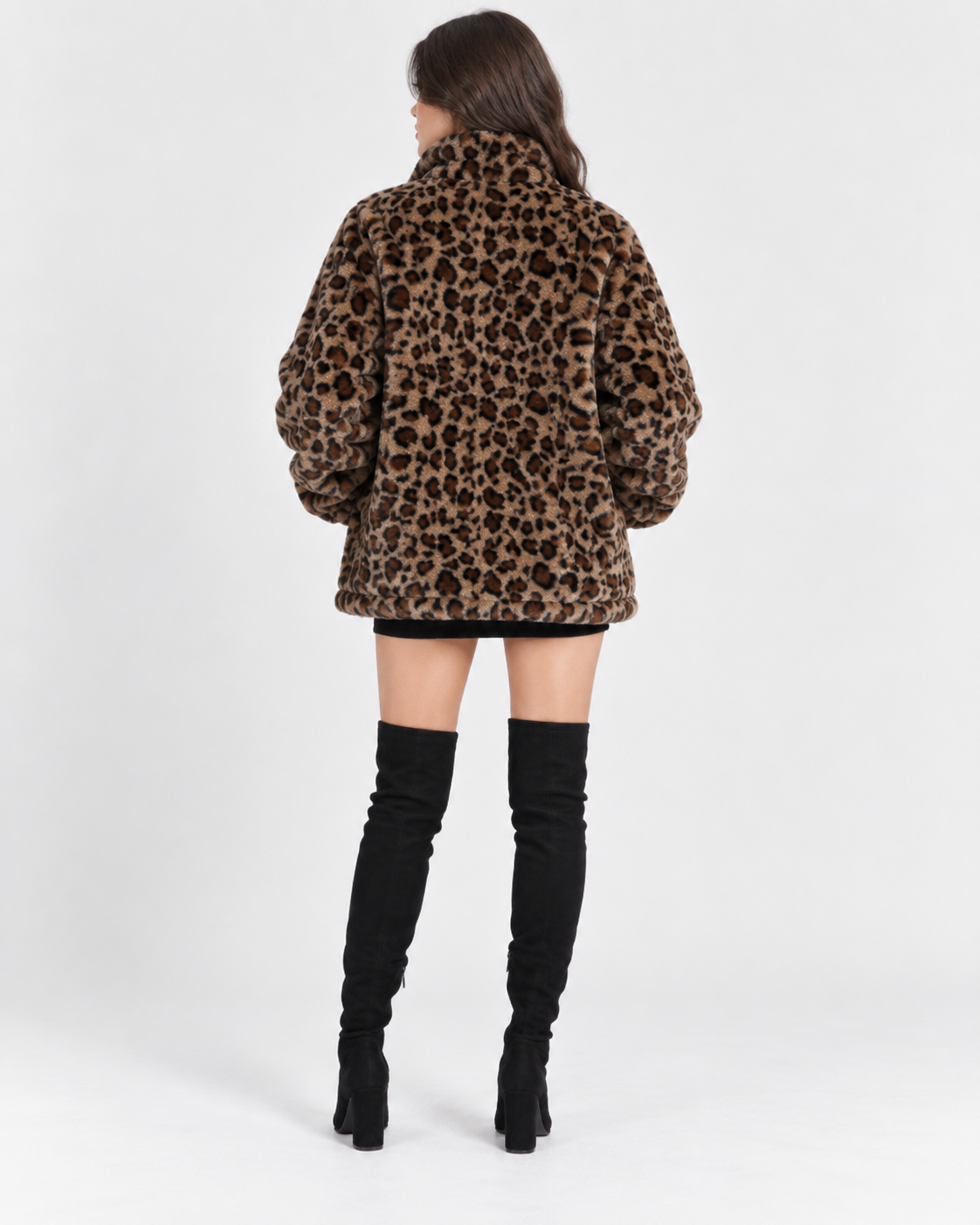 Leopard Print Faux Fur Zip Up Jacket