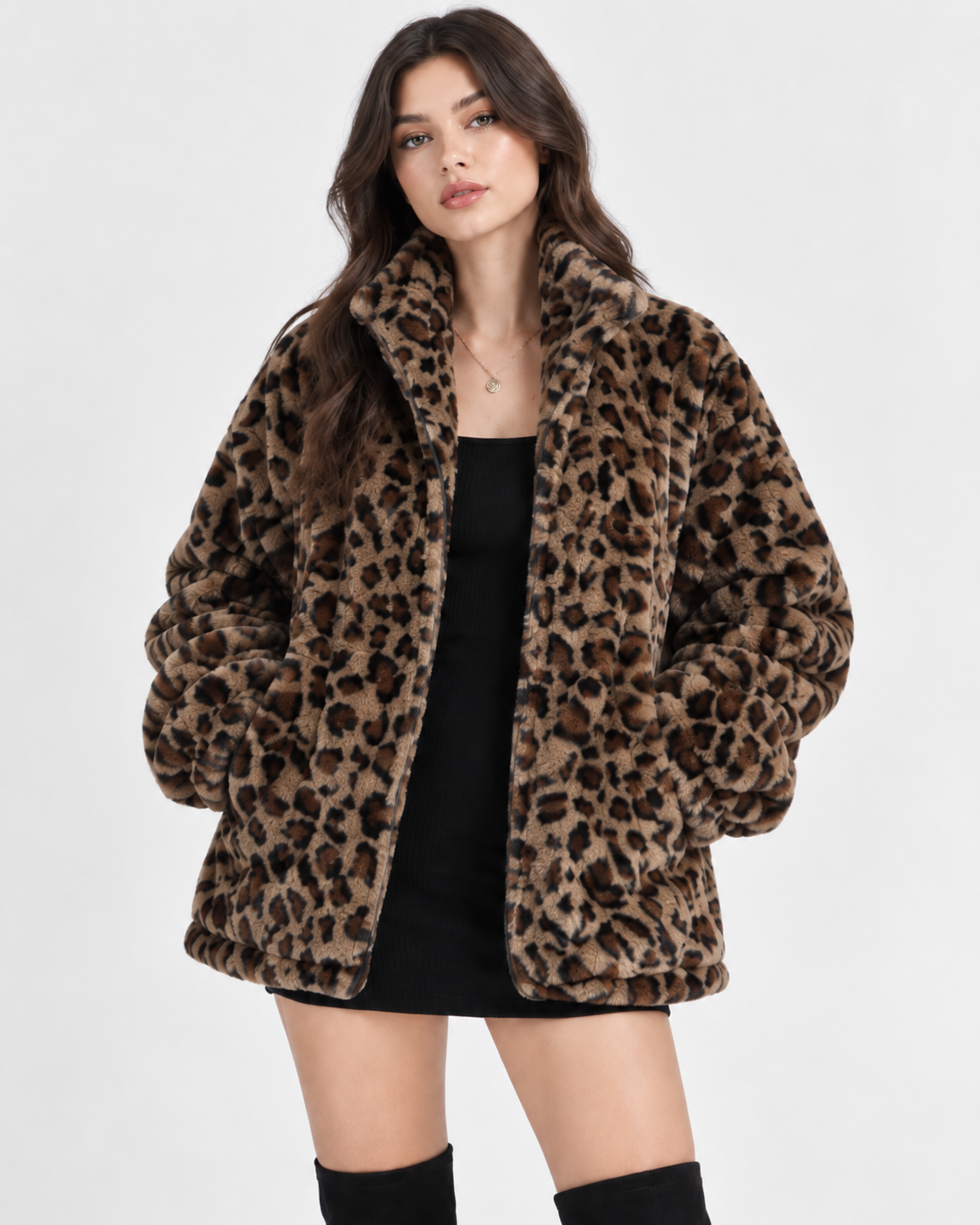 Leopard Print Faux Fur Zip Up Jacket