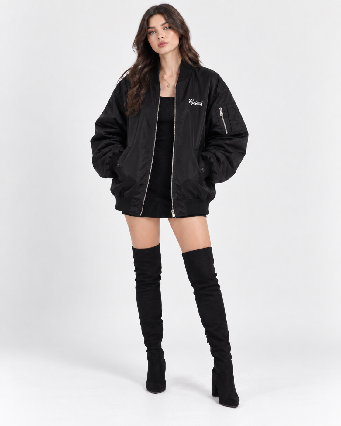 Black Skeleton Print Oversized Bomber Jacket