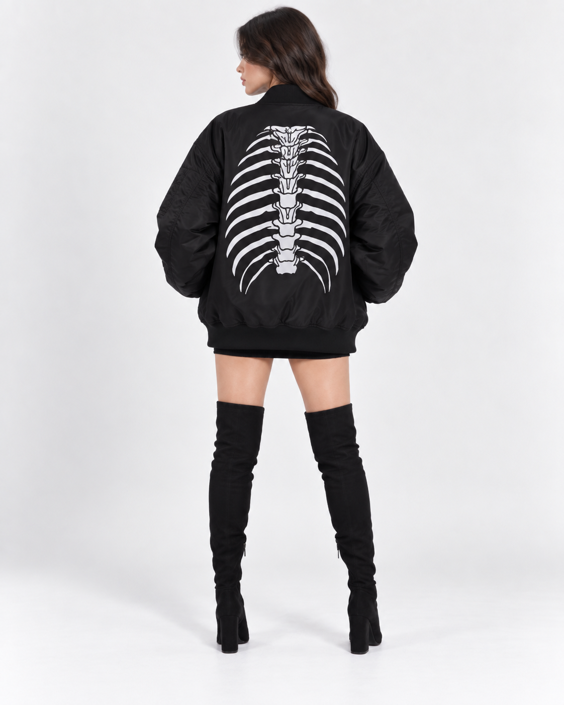 Black Skeleton Print Oversized Bomber Jacket