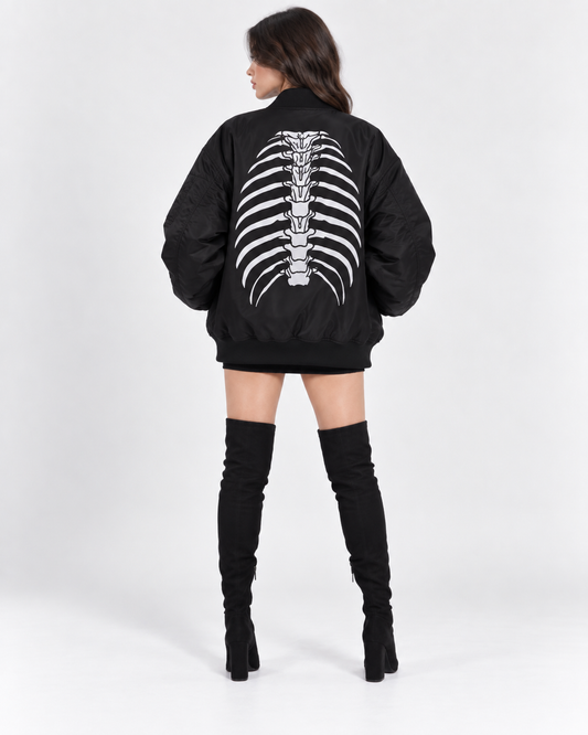 Black Skeleton Print Oversized Bomber Jacket