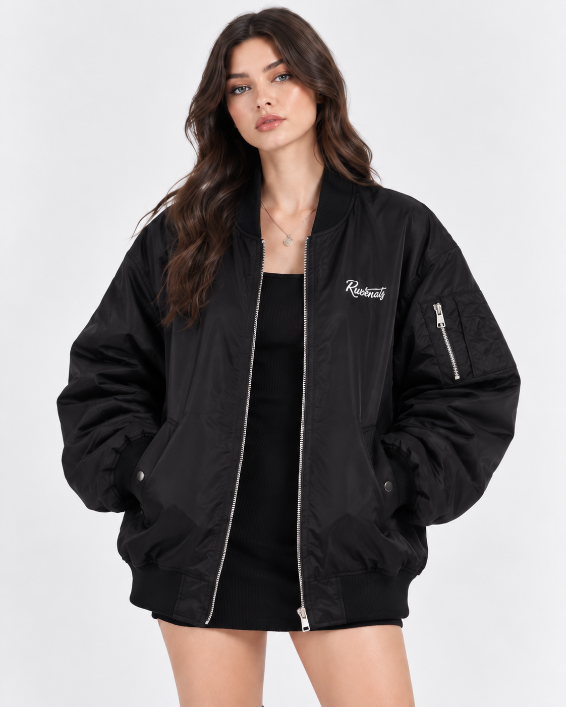 Black Skeleton Print Oversized Bomber Jacket