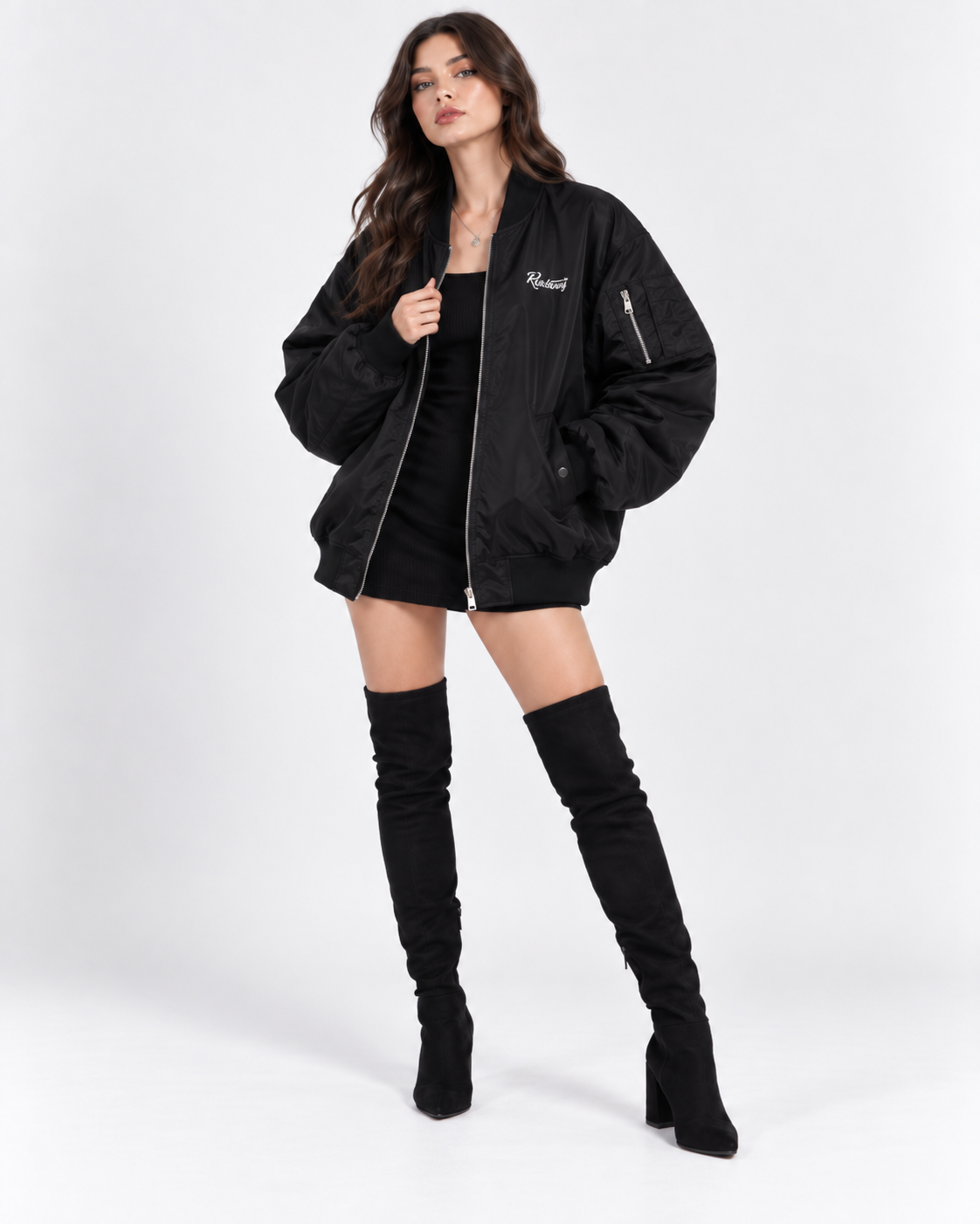 Black Skeleton Print Oversized Bomber Jacket
