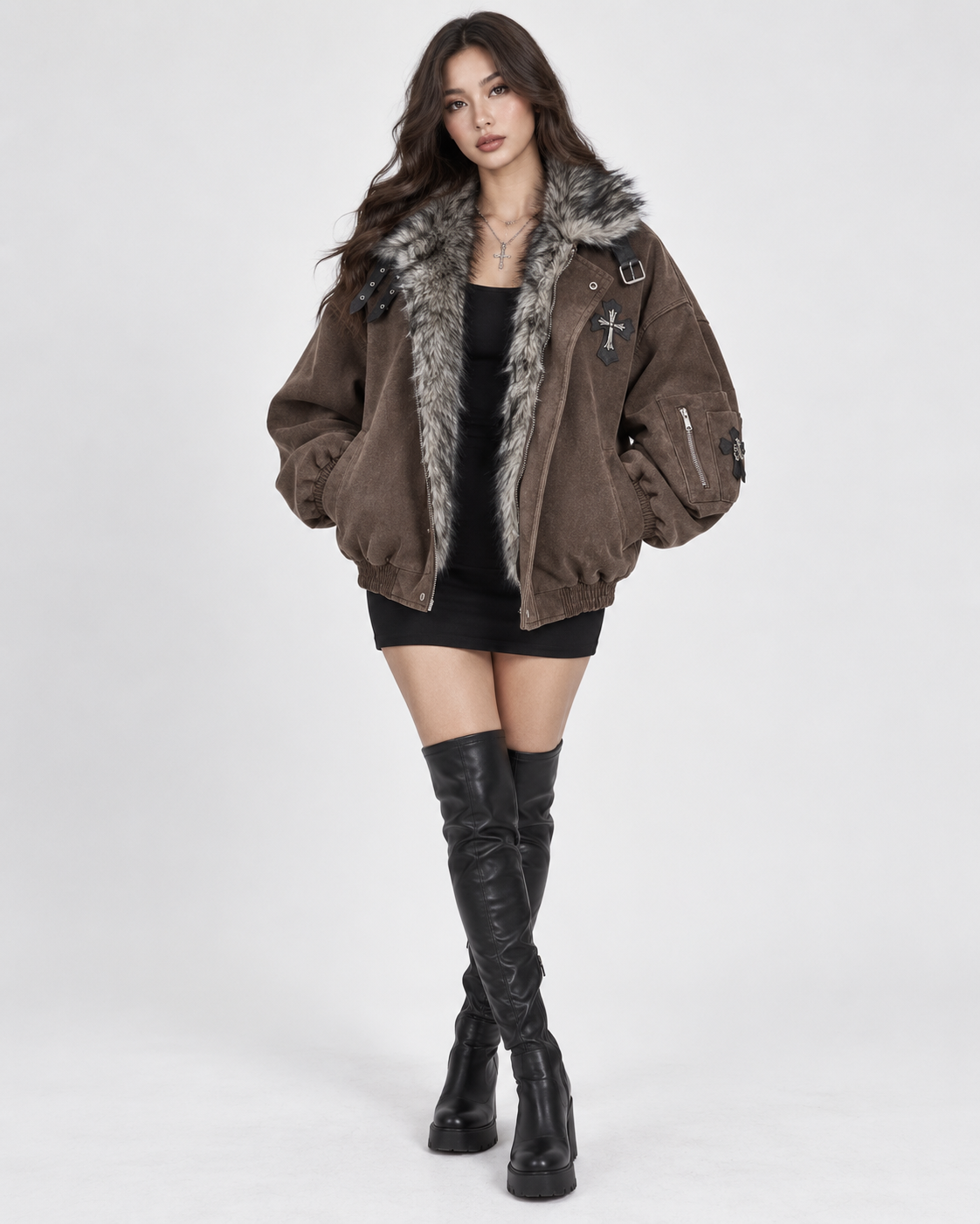 Brown Faux Fur Collar Oversized Aviator Bomber Jacket