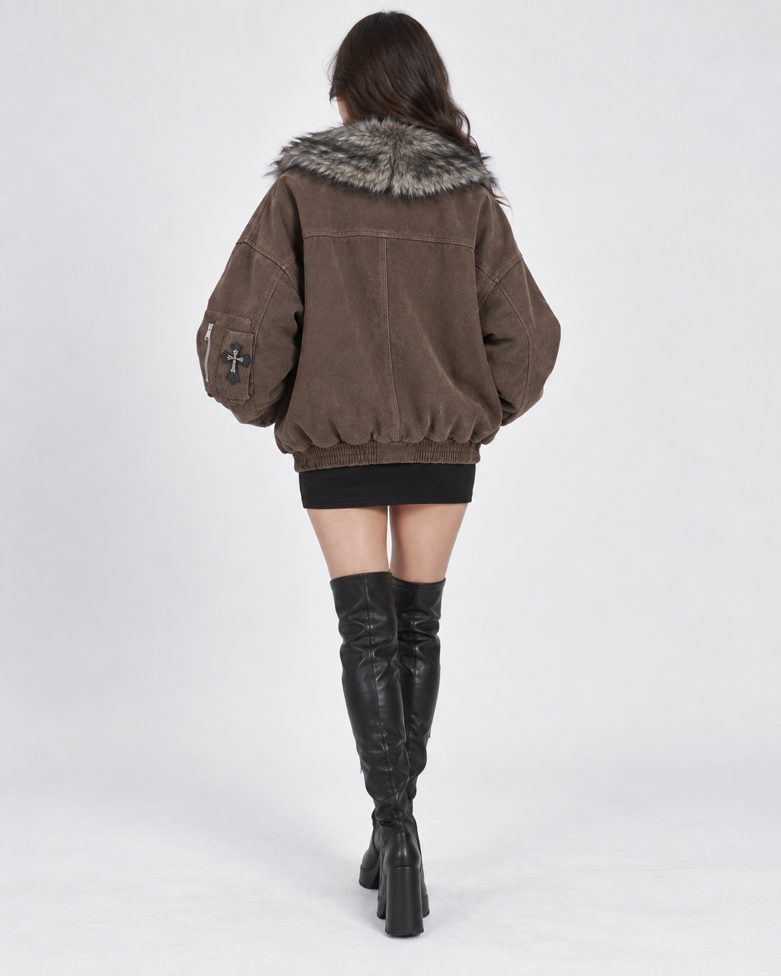 Brown Faux Fur Collar Oversized Aviator Bomber Jacket