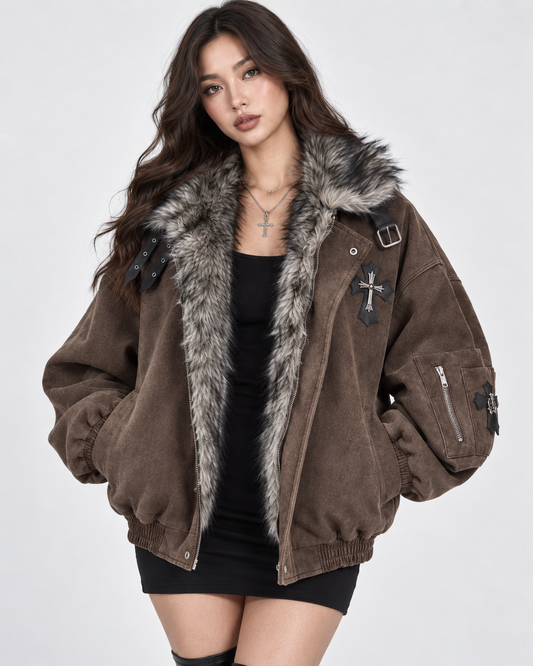 Brown Faux Fur Collar Oversized Aviator Bomber Jacket