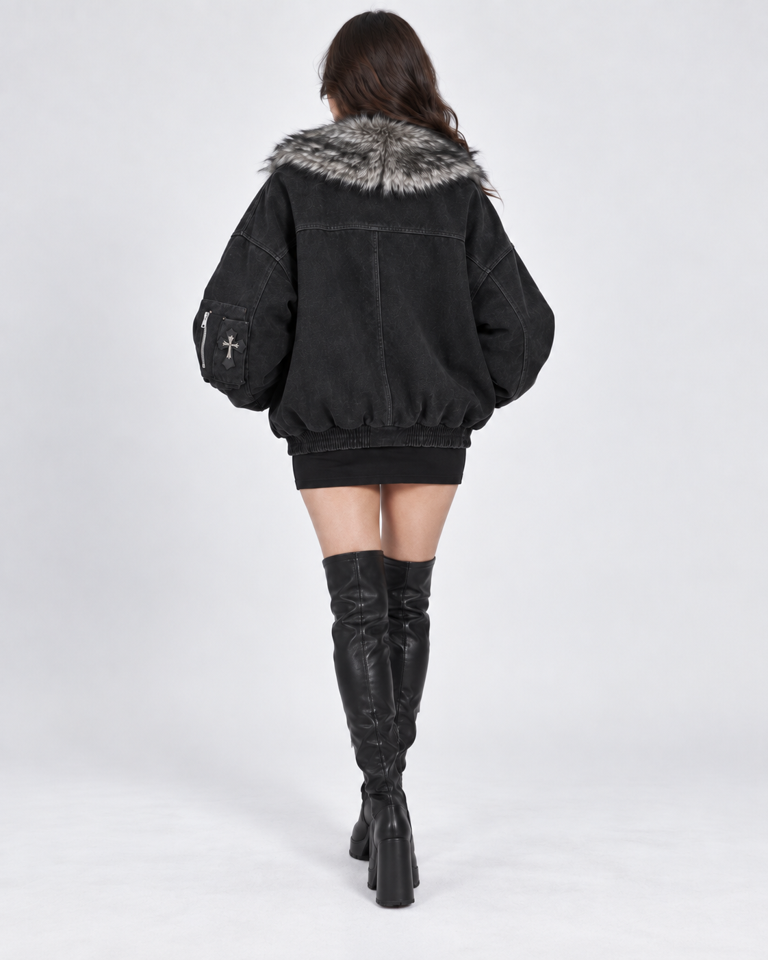 Black Faux Fur Collar Oversized Aviator Bomber Jacket
