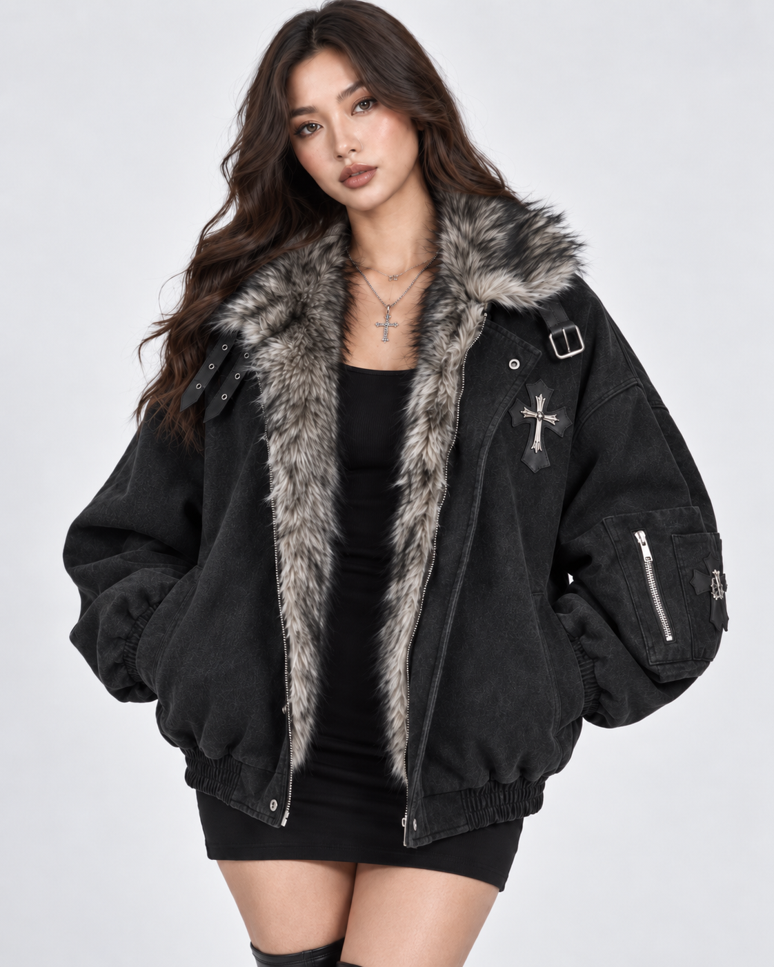 Black Faux Fur Collar Oversized Aviator Bomber Jacket