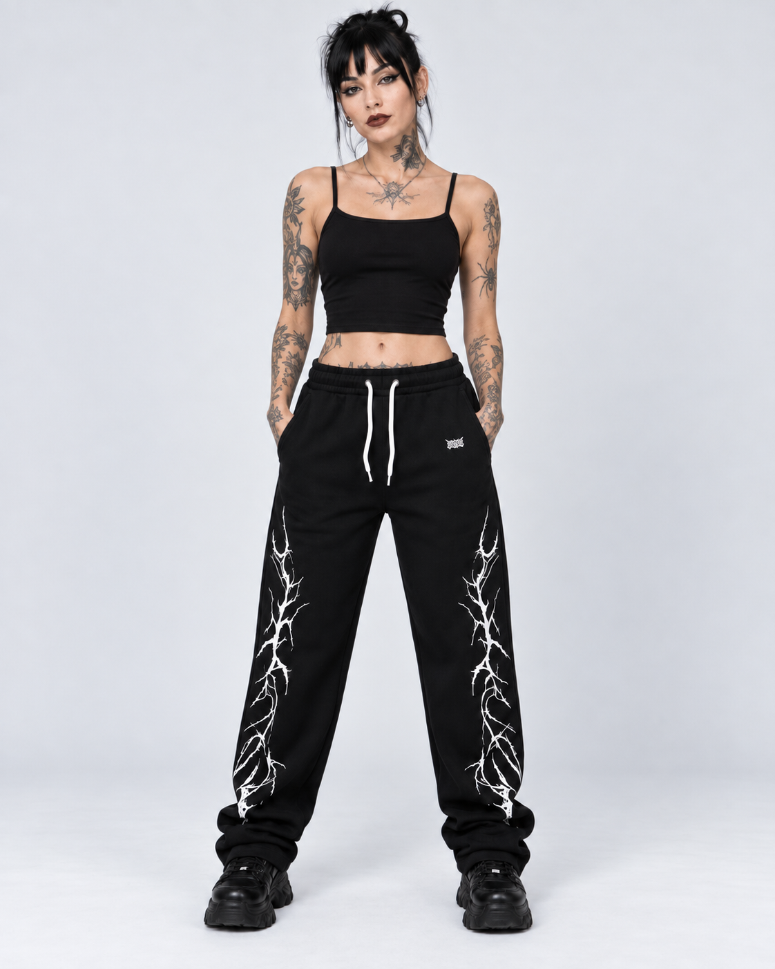 Black Graphic Joggers with White Thorn Print