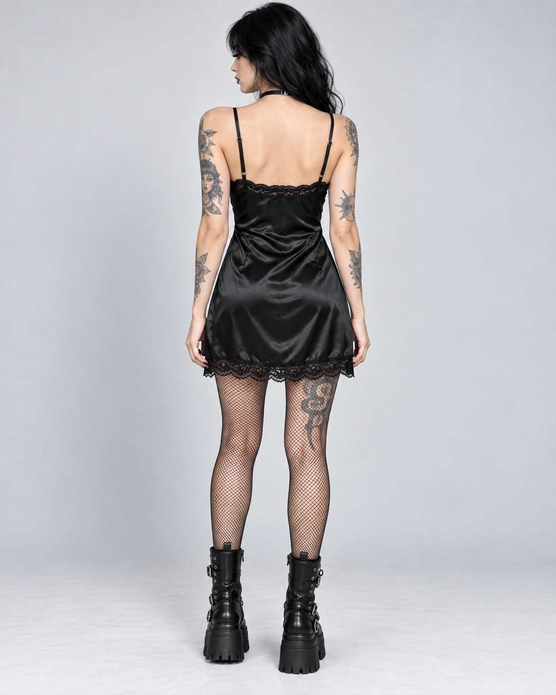 Black Gothic Haunted Cross Print Satin Slip Mini Dress
