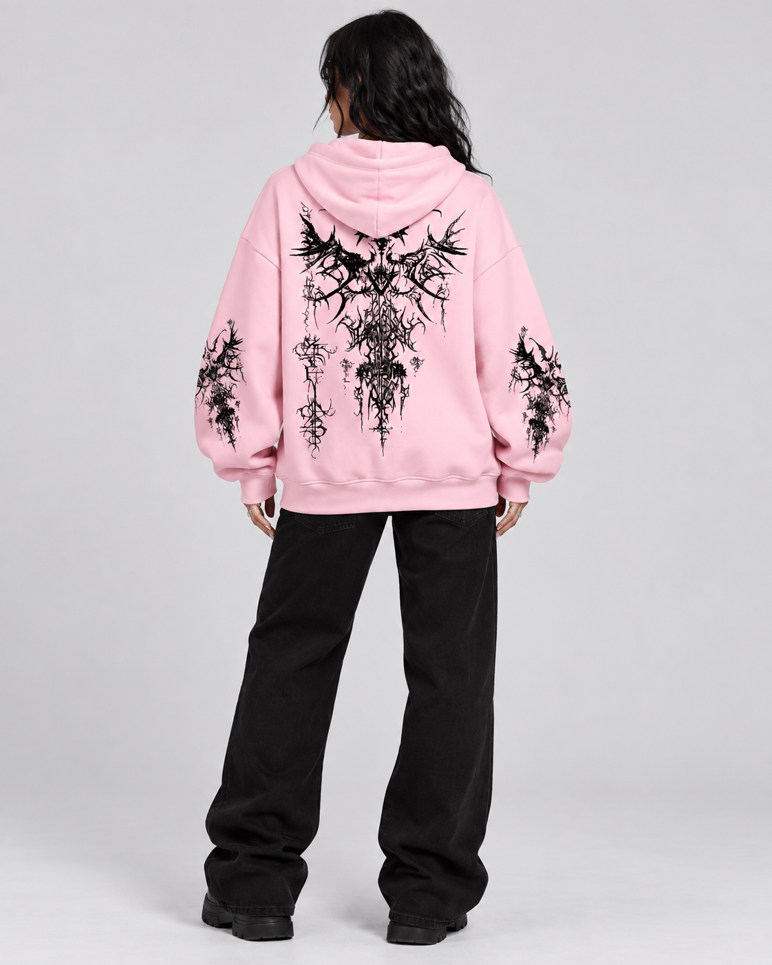 Pink Oversized Goth Graphic Hoodie with Black Back Print