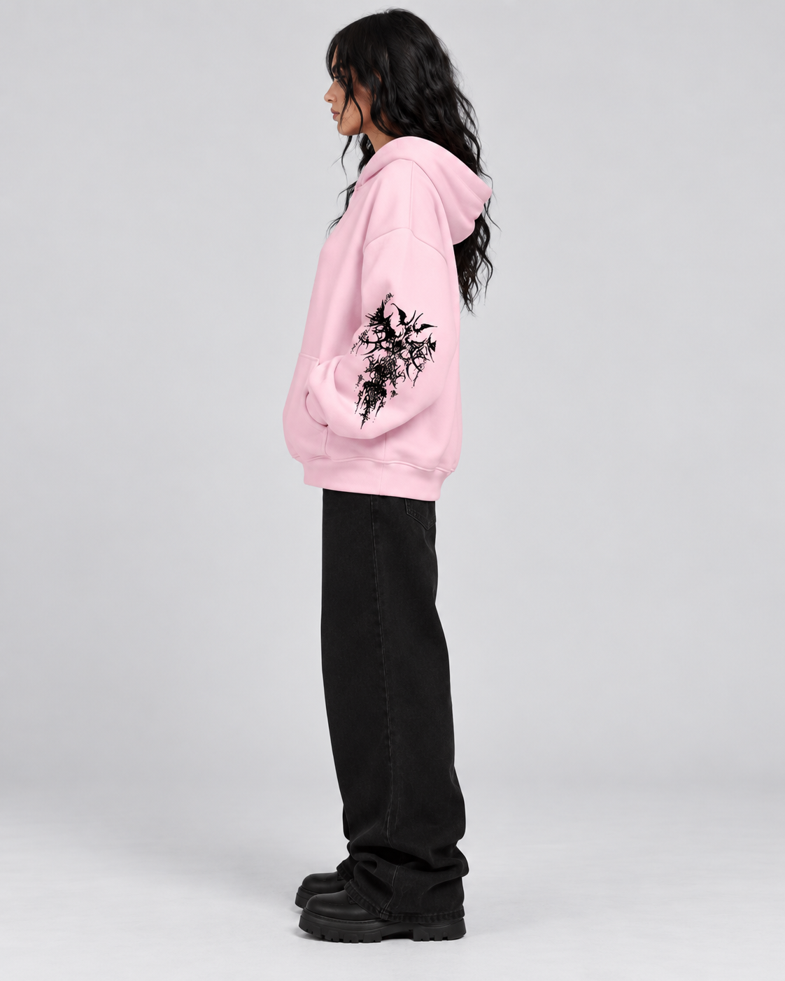 Pink Oversized Goth Graphic Hoodie with Black Back Print
