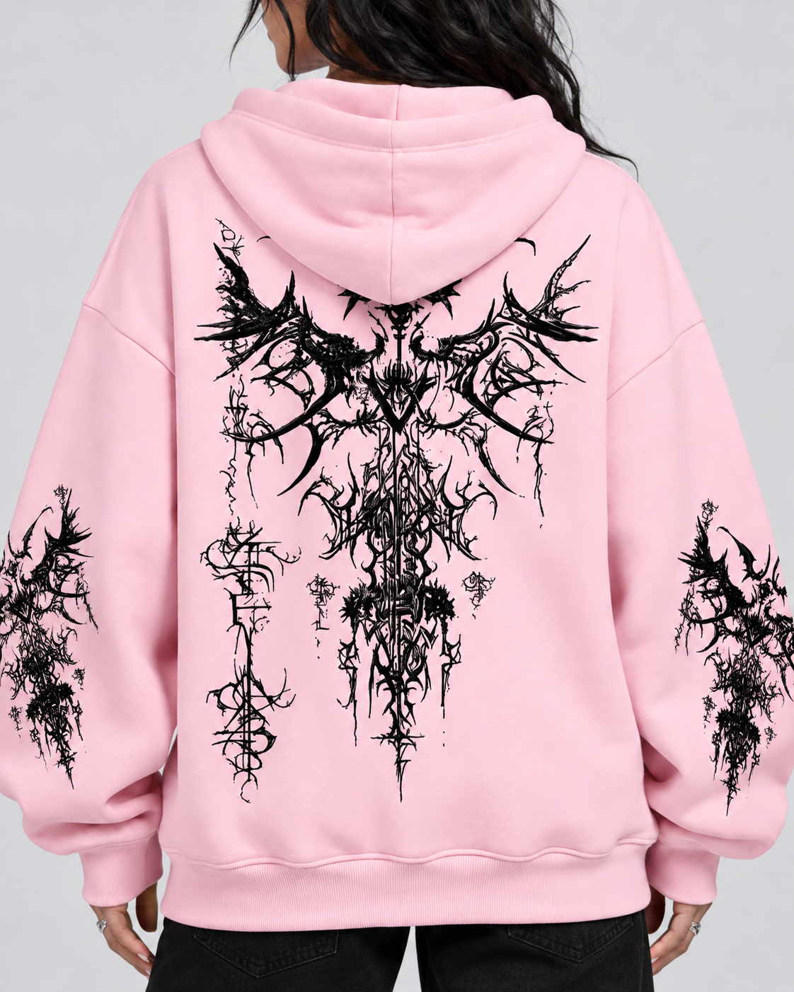 Pink Oversized Goth Graphic Hoodie with Black Back Print