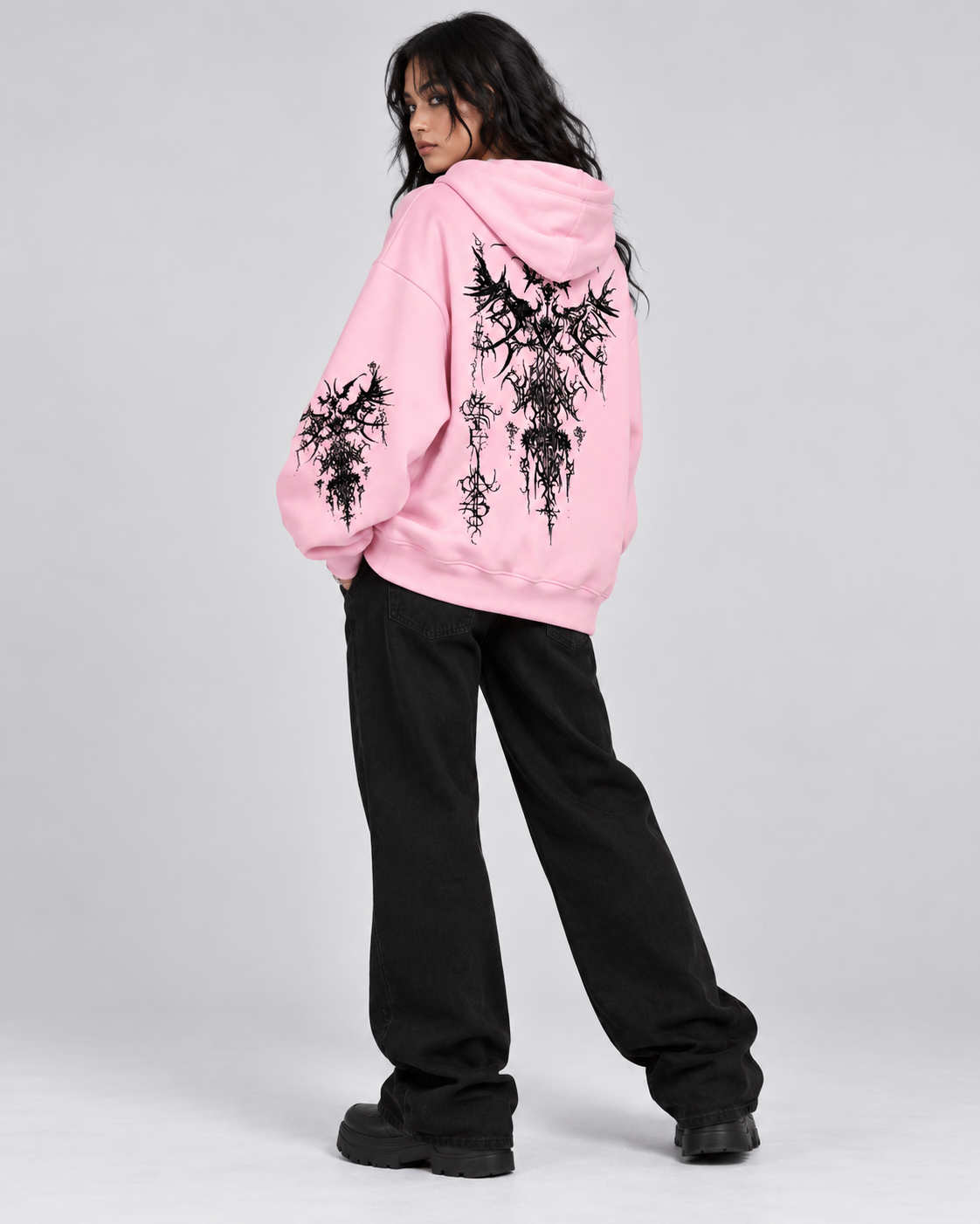 Pink Oversized Goth Graphic Hoodie with Black Back Print