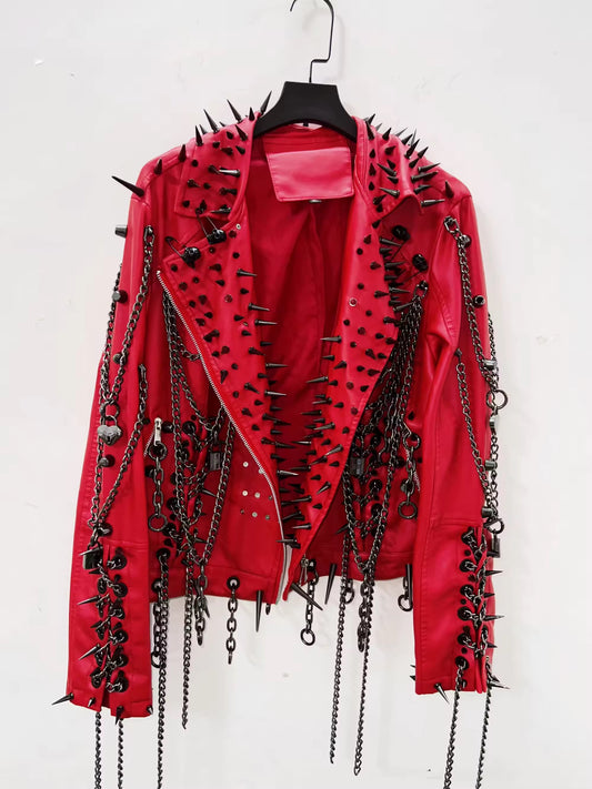 Red Faux Leather Punk Studded Chain Jacket