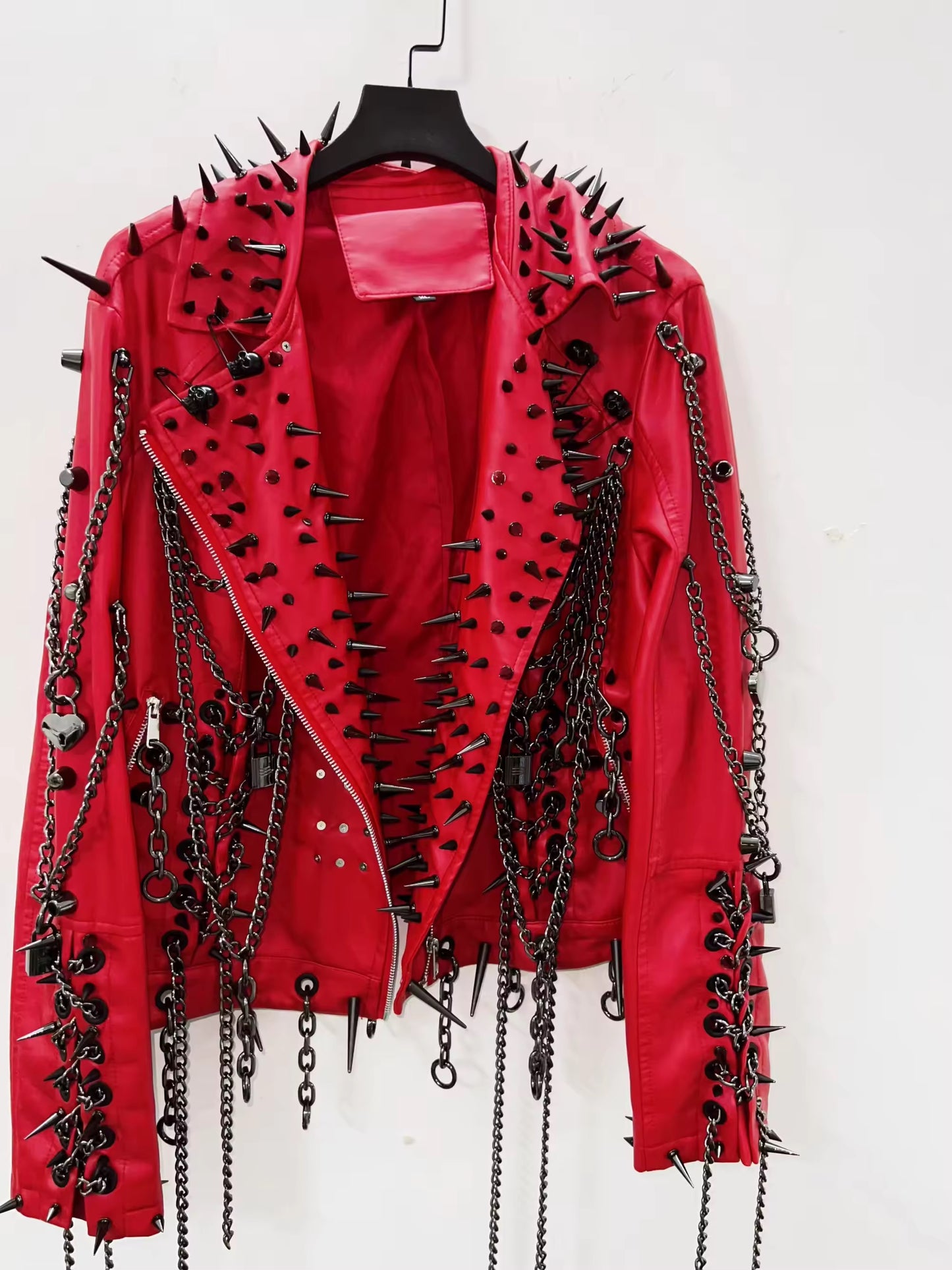 Red Faux Leather Punk Studded Chain Jacket