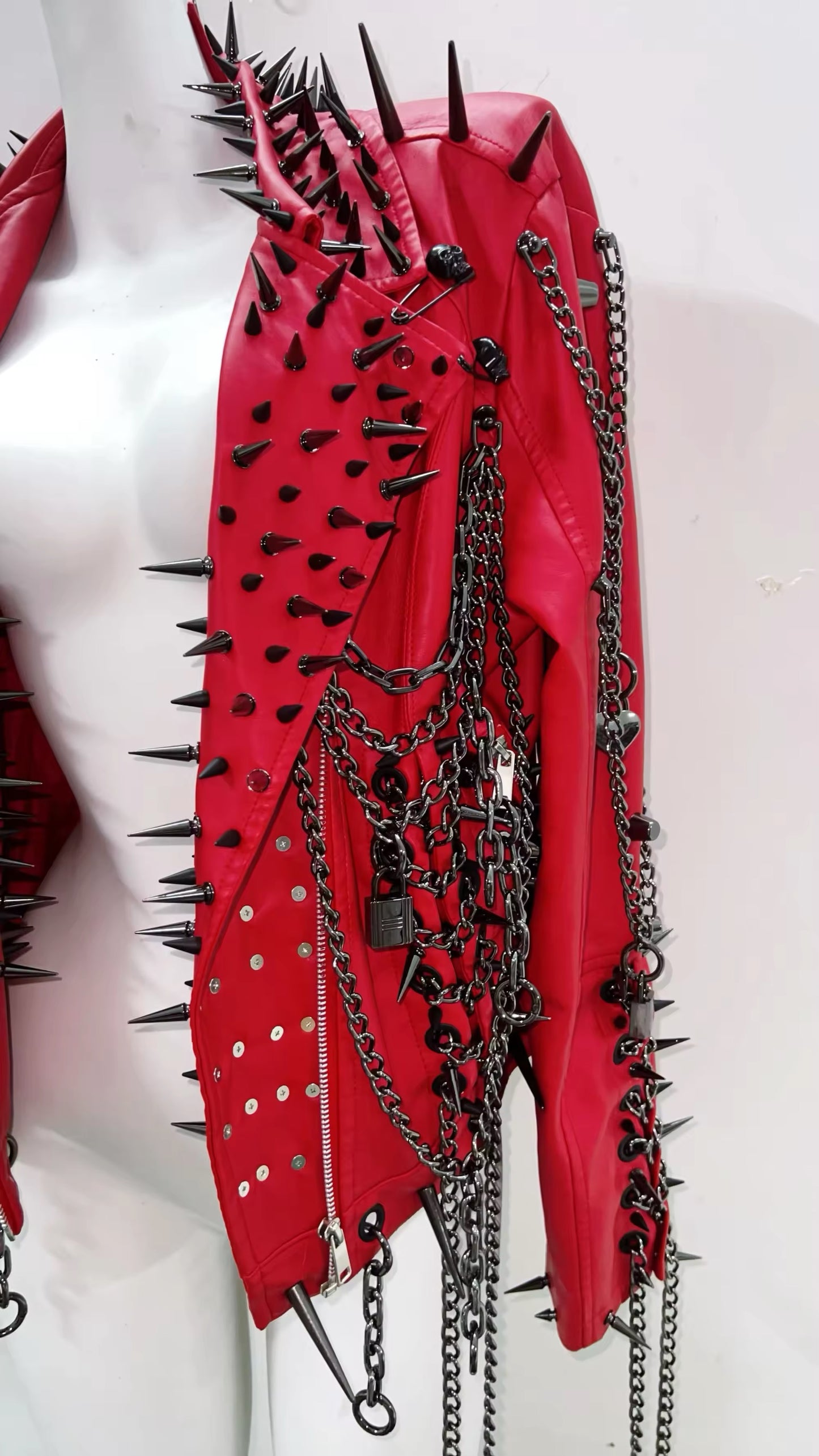 Red Faux Leather Punk Studded Chain Jacket