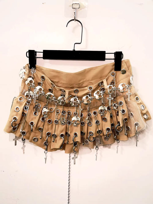 Brown Gothic Skull Charm Mini Skirt