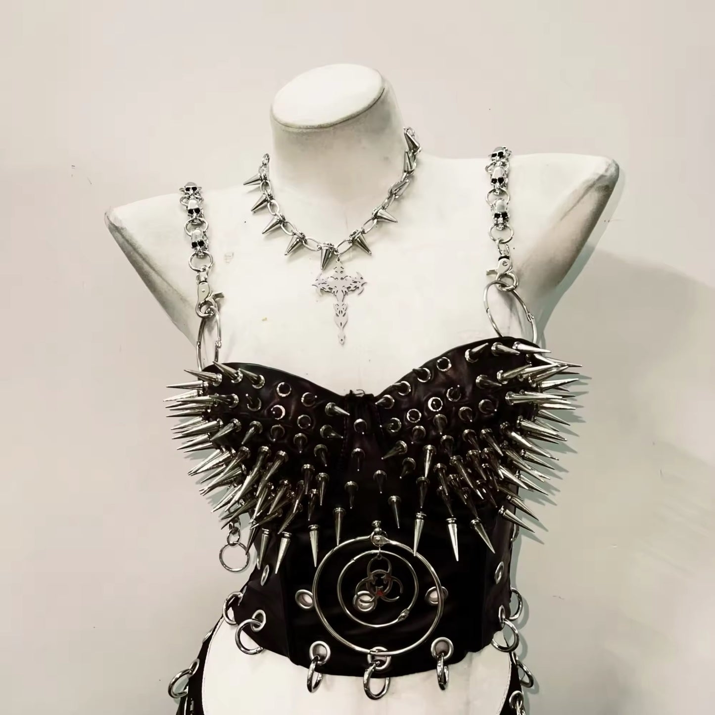 Black Punk Chain Strap Spiked Corset