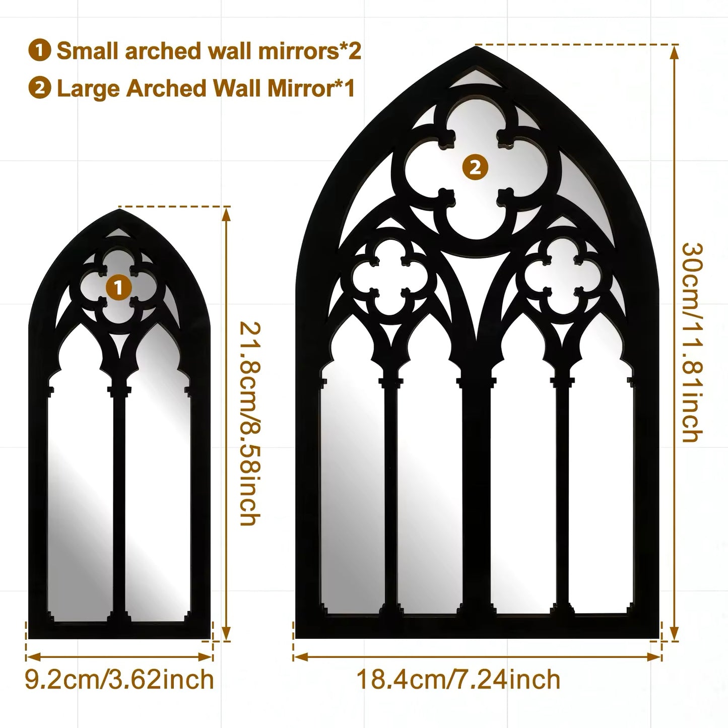 Black Gothic 3 Piece Cathedral Mirror Pack