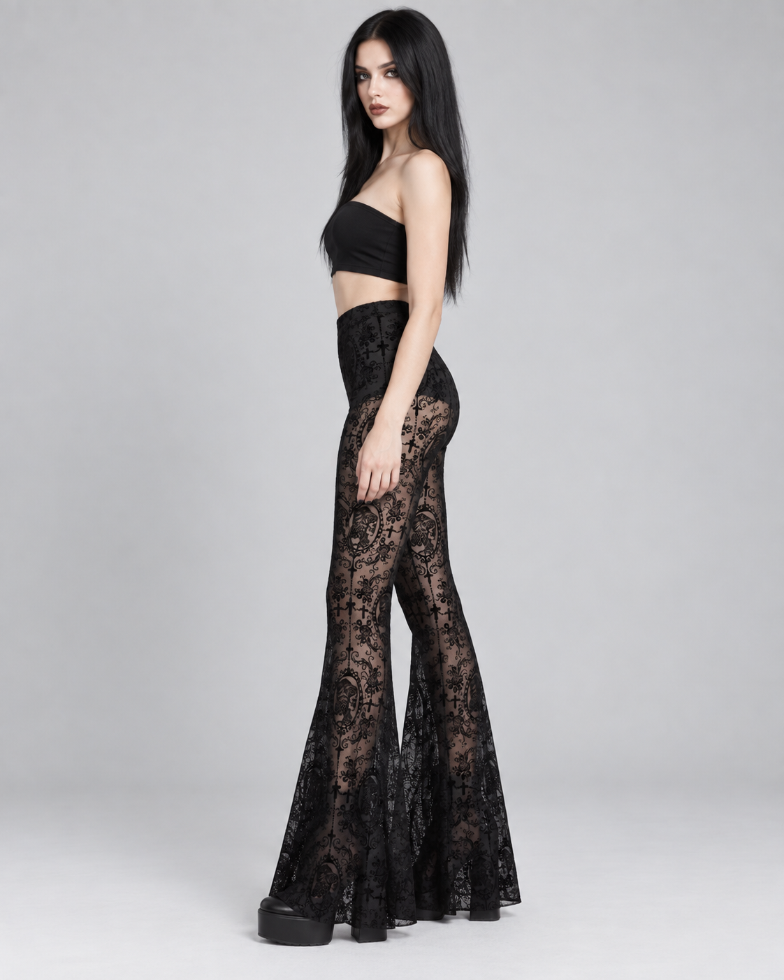 Black Gothic Mesh Flare Trousers | Sheer Lace Flares