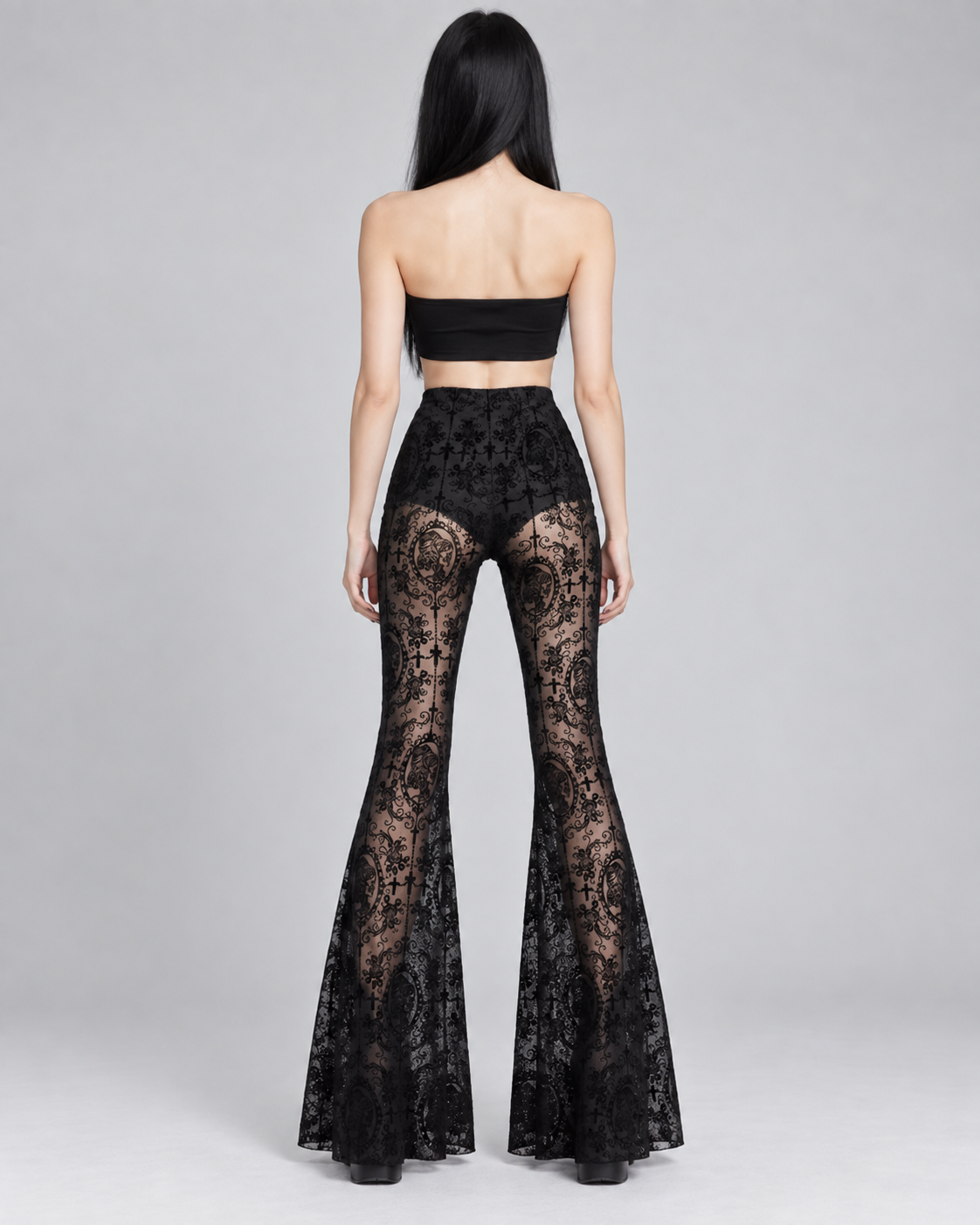Black Gothic Mesh Flare Trousers | Sheer Lace Flares
