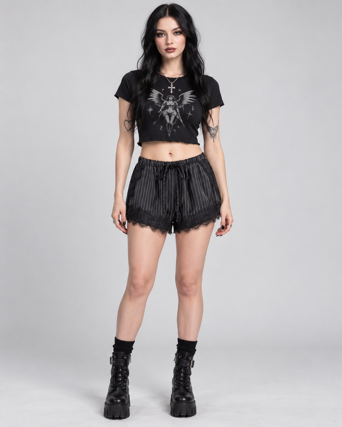 Black Pinstripe Lace Trim Shorts | Gothic Drawstring Shorts