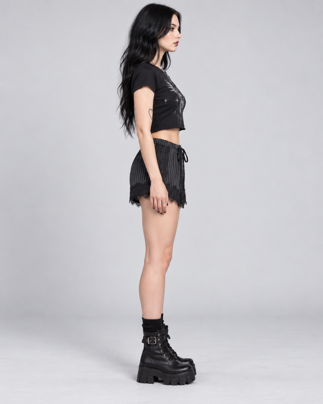 Black Pinstripe Lace Trim Shorts | Gothic Drawstring Shorts