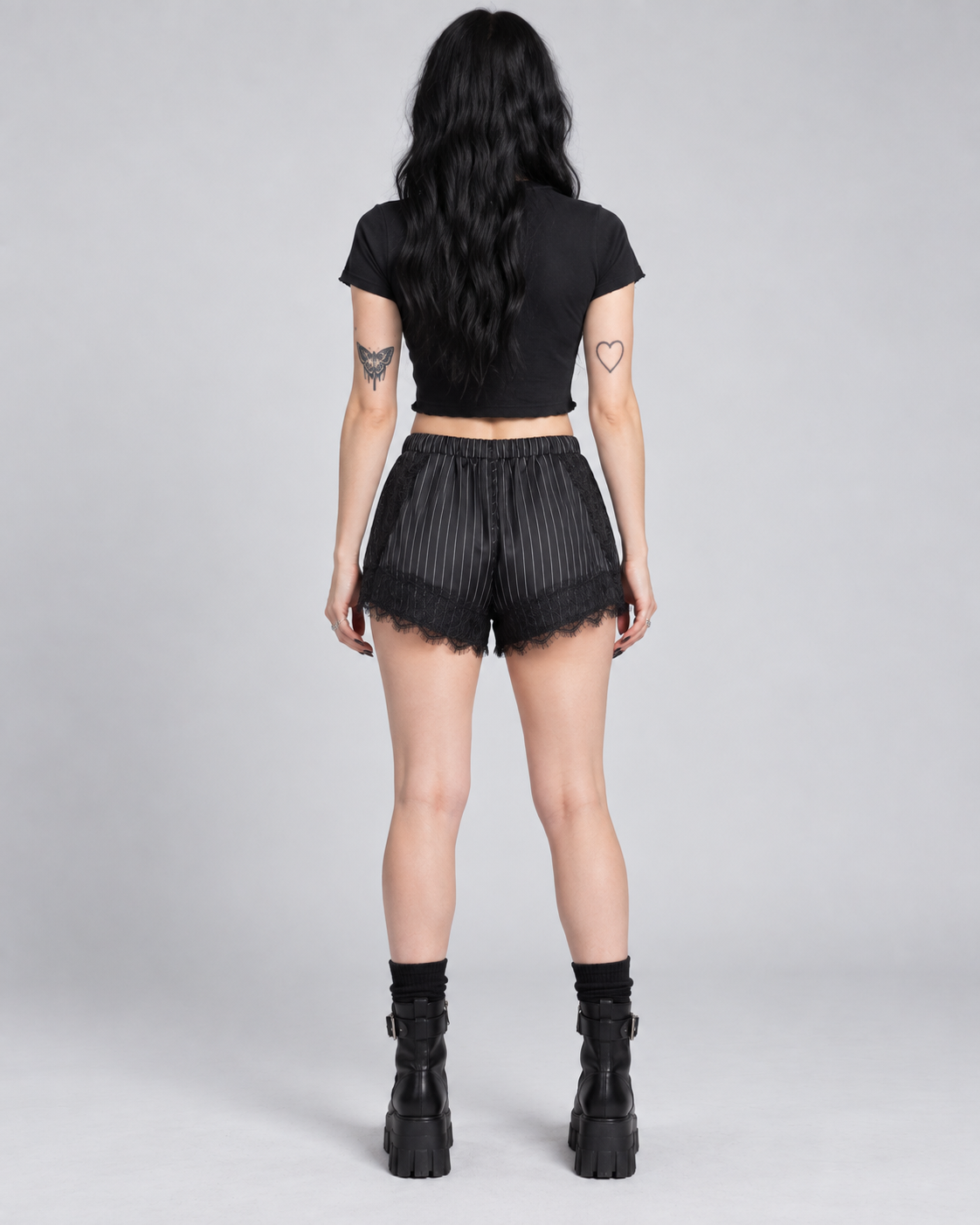 Black Pinstripe Lace Trim Shorts | Gothic Drawstring Shorts
