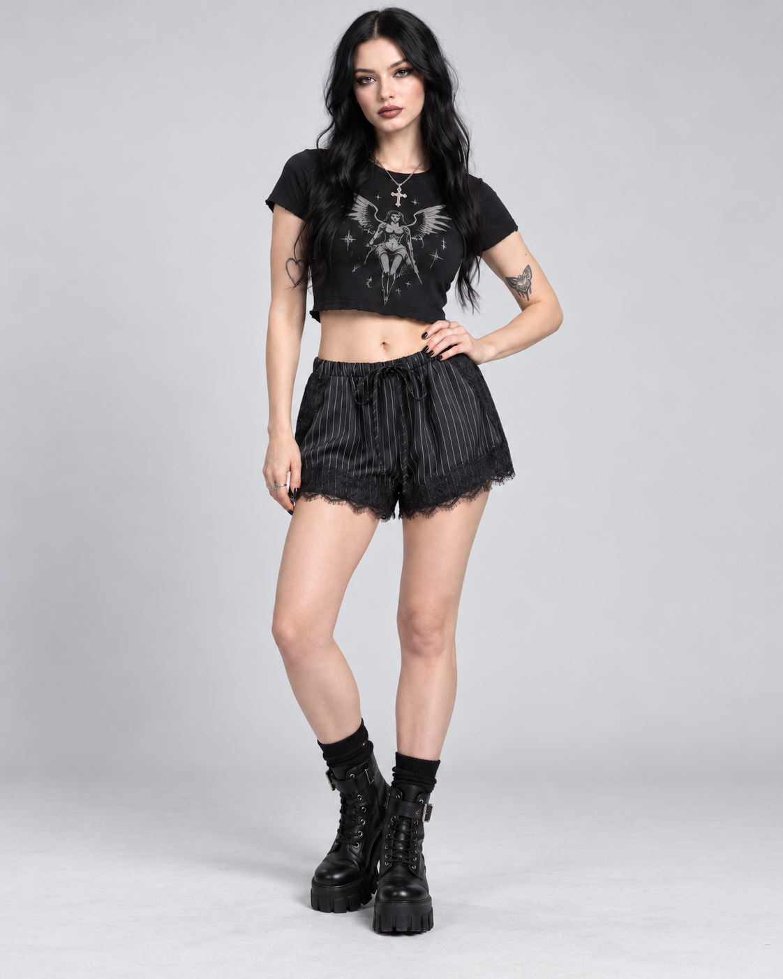 Black Pinstripe Lace Trim Shorts | Gothic Drawstring Shorts