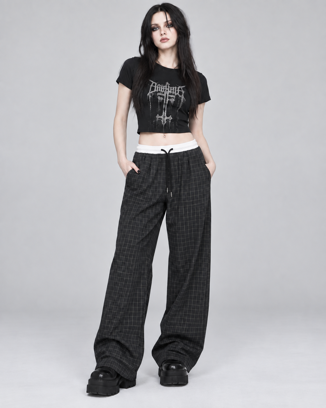 Black Check Wide Leg Drawstring Trousers | Gothic Baggy Trousers