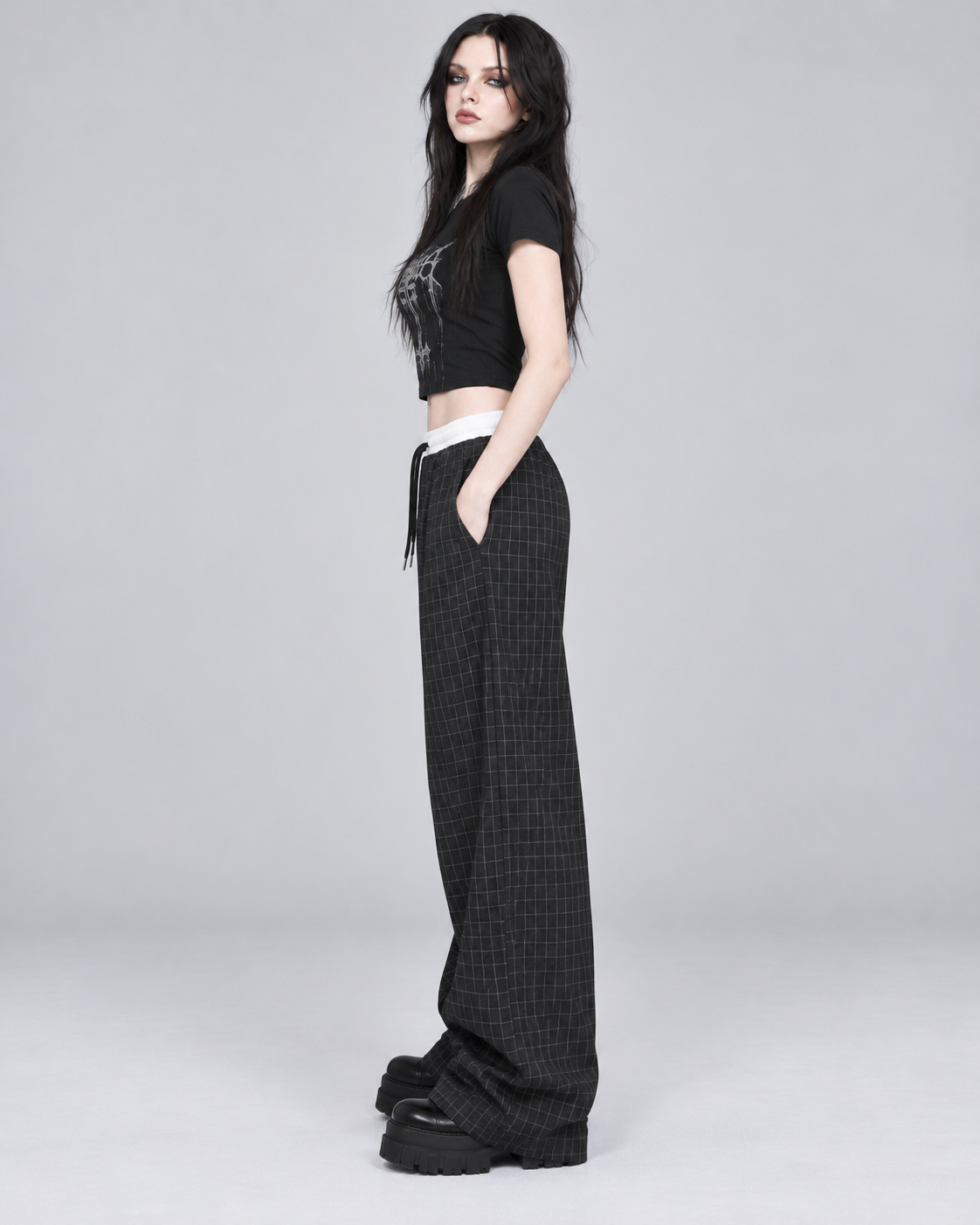 Black Check Wide Leg Drawstring Trousers | Gothic Baggy Trousers