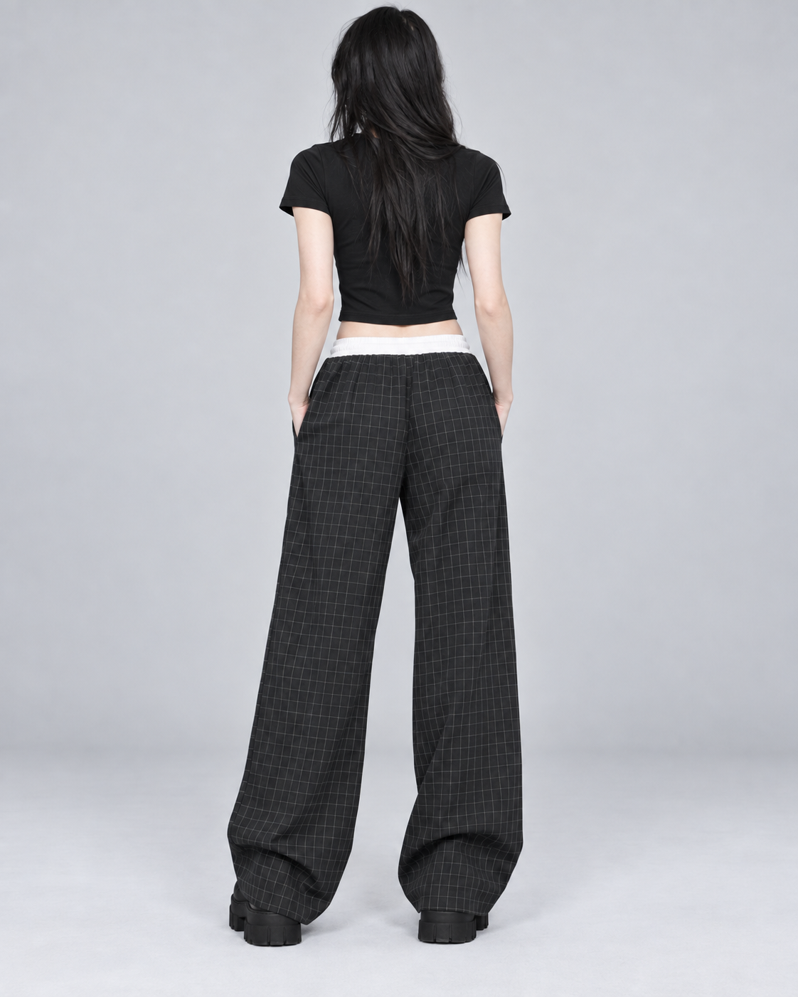 Black Check Wide Leg Drawstring Trousers | Gothic Baggy Trousers