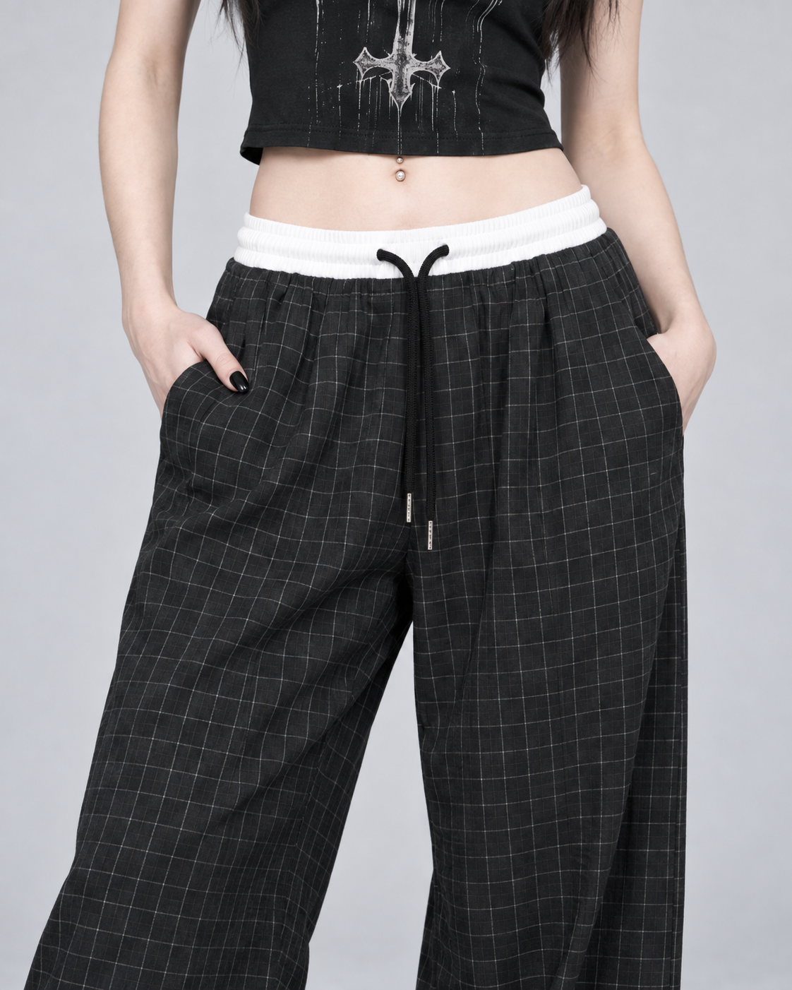 Black Check Wide Leg Drawstring Trousers | Gothic Baggy Trousers