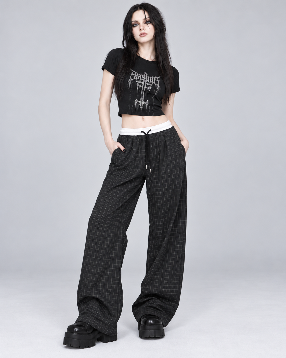 Black Check Wide Leg Drawstring Trousers | Gothic Baggy Trousers
