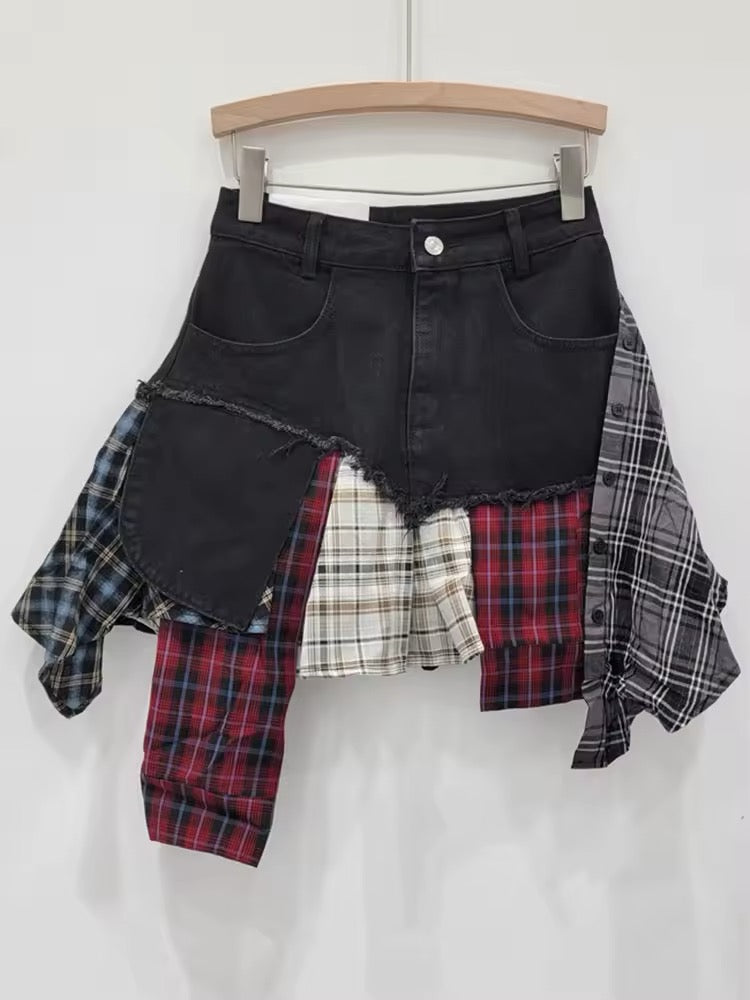 Black Grunge Denim Checkered Patchwork Mini Skirt