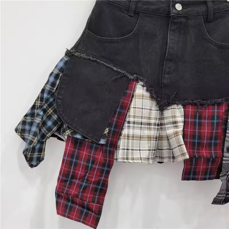 Black Grunge Denim Checkered Patchwork Mini Skirt