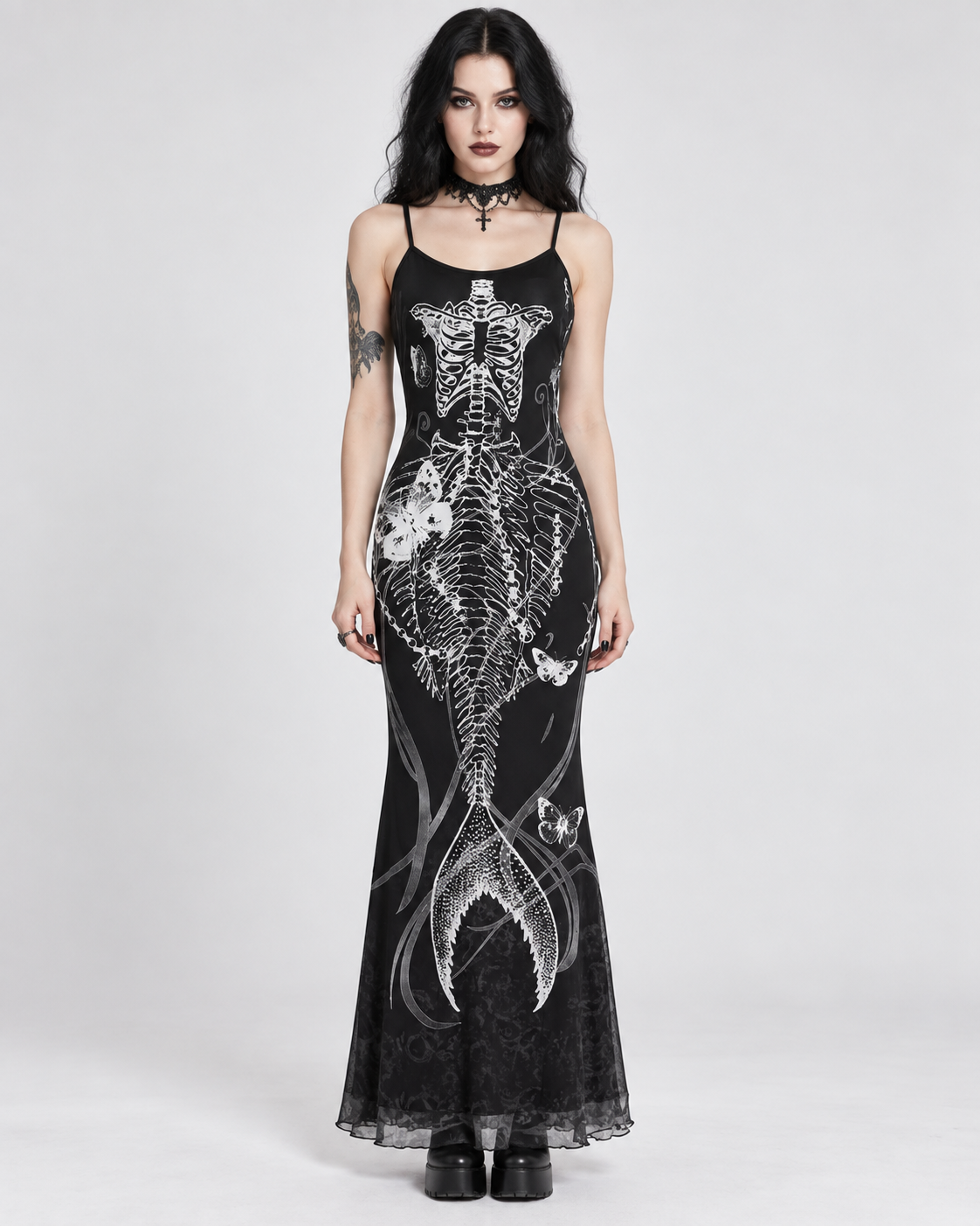 Skeleton Mermaid Maxi Dress – Black Gothic Bodycon Slip Dress