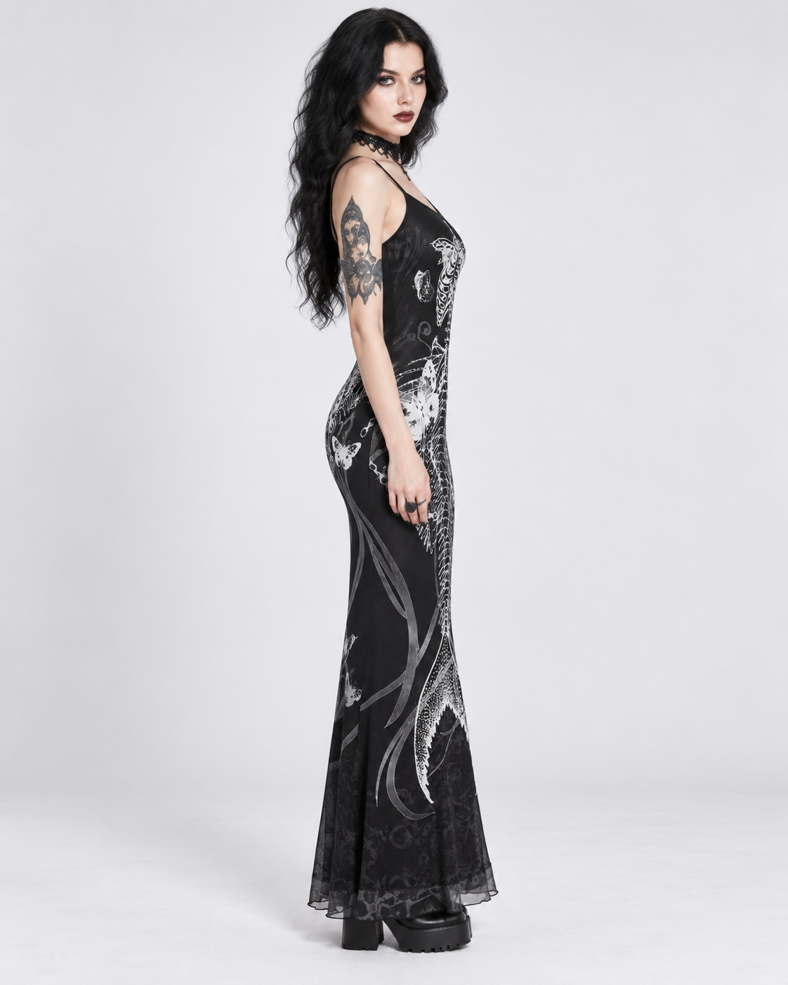Skeleton Mermaid Maxi Dress – Black Gothic Bodycon Slip Dress