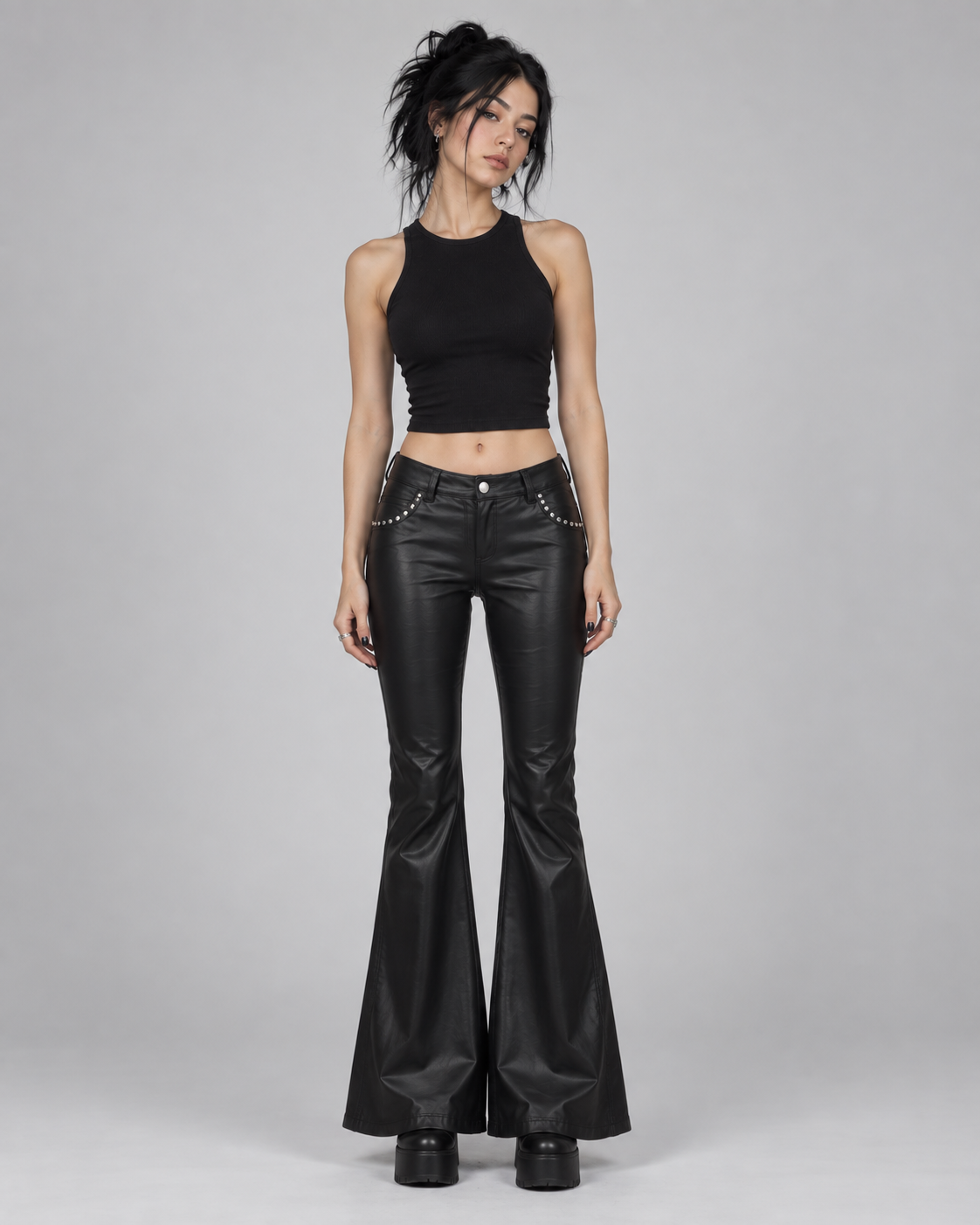 Black Studded Faux Leather Flared Trousers – Low Rise