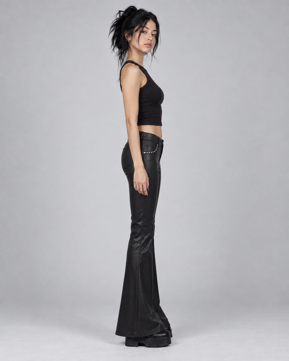 Black Studded Faux Leather Flared Trousers – Low Rise