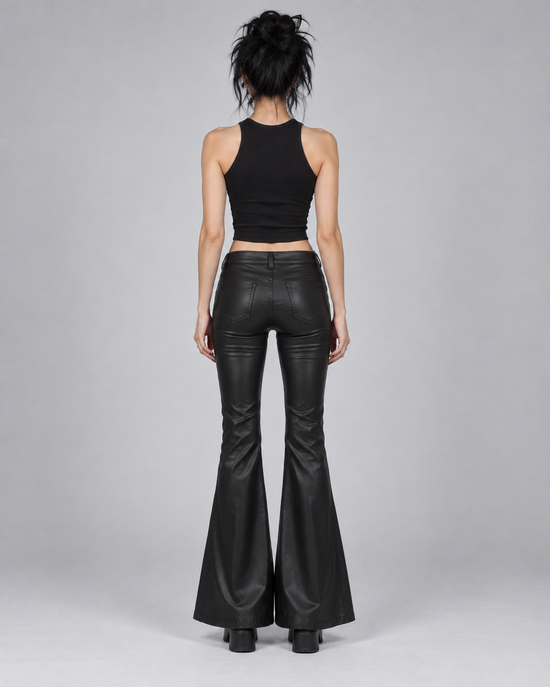 Black Studded Faux Leather Flared Trousers – Low Rise