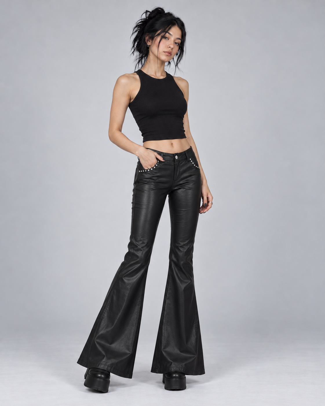 Black Studded Faux Leather Flared Trousers – Low Rise